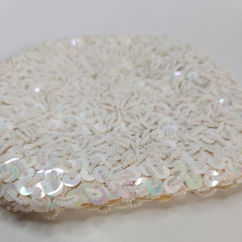 Vtg Handmade White Pearl Bead Sequin Clutch Evening Bag Gold Chain Clasp - Picture 16 of 16